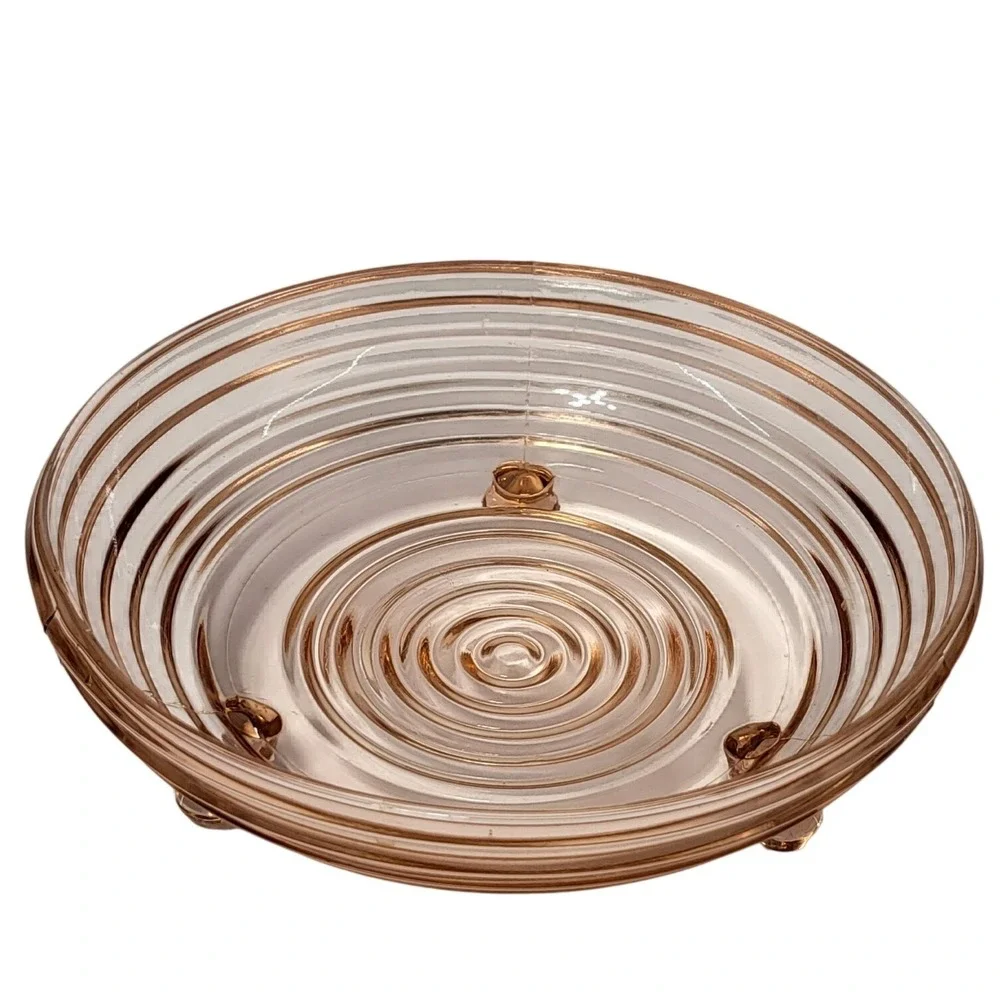 Vintage Pink Depression Glass Ribbed Footed Bowl Art Deco Candy Dish 6.25in